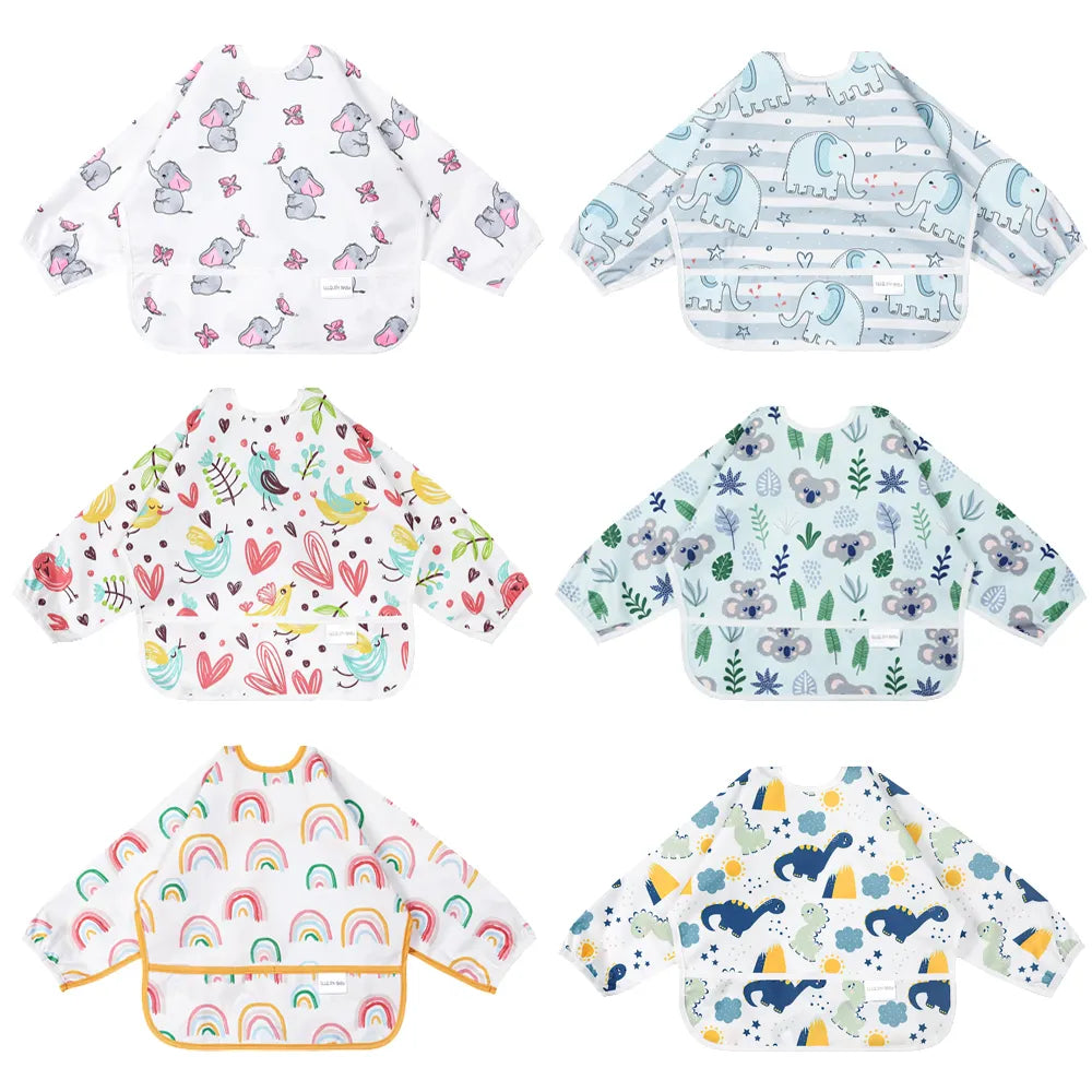 Baby Bibs Waterproof Long Sleeve Saliva Towel Infant Feeding Bib with Pocket Cute Cartoon Apron Kid Burp Cloth Unisex Baby Stuff